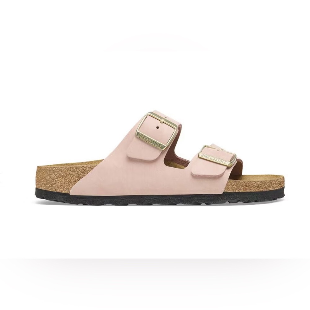 Sold | Birkenstock | Arizona Soft Pink Double Strap Sandals With Gold Buckles - Picture 6 of 11